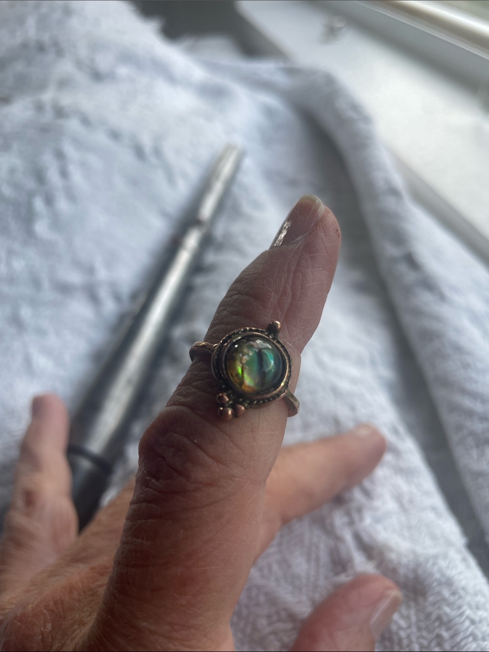 Handcrafted Abolone Cabochon Ring in Bronze
